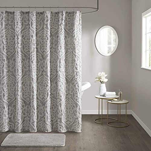 "Madison Park Odette Fabric Shower Curtain Luxe Textured Jacquard, Damask Medallion Machine Washable Modern Home Bathroom Decor, Bathtub Privacy Screen, 72"" x 72"", Silver"