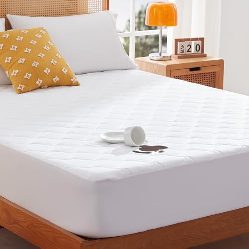 Sonive Thin Mattress Protector 160 x 200 cm Waterproof Breathable Mattress Cover Mattress Topper Soft Topper Mattress Topper with Deep Pockets 38 cm, White