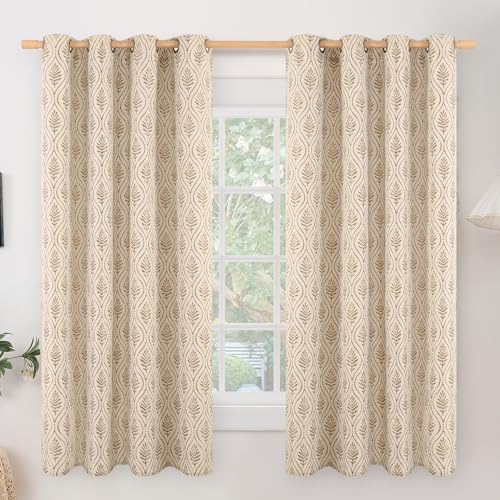 BGment Taupe Curtains 63 Inches Long for Bedroom Windows, Natural French Country Curtains Sheer Linen Grommet Window Drapes Boho Leaf Jacquard Patterned for Farmhouse, 2 Panels Set, 52 x 63 Inch