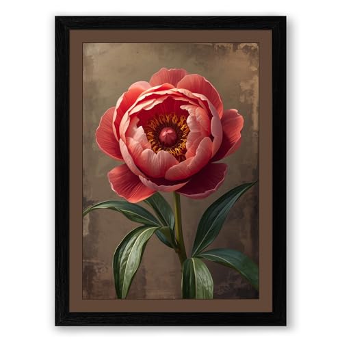 Peony in Repose Botanical Framed Wall Art Print A4 (29.7×21cm) Black, Wall Decor for Living Room, Bedroom, Office & Home, Ready to Hang, Art Gift