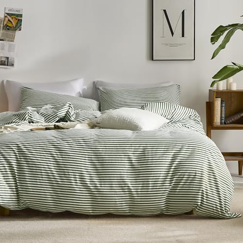 JELLYMONI 100% Natural Cotton 3pcs Striped Duvet Cover Sets,White Duvet Cover with Green Stripes Pattern Printed Comforter Cover,with Zipper Closure & Corner Ties(King Size)