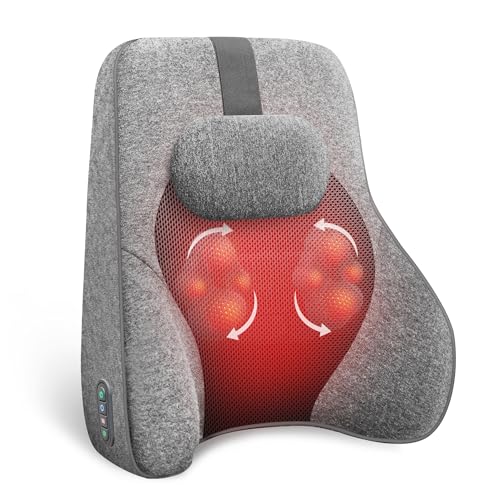 COMFIER Back Support Pillow for Office Chair Car, Lumbar Support Cushion with 4 Shiatsu Massage Heads & Heating Function, Memory Foam Back Support Cushion for Office Chair-Gray