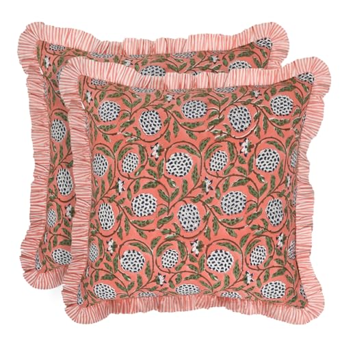 "Ridhi Block Print Dark Salmon Pink Throw Pillow Cover 24"" x 24"" (Pack of 2) Decorative Cushion Covers with Ruffle for Couch, Sofa, Bed, Living Room, Home Decor Gift for Spring, Easter, Valentine"