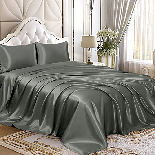 Homiest Twin Dark Grey Deep Pocket Satin Sheets, 3-Piece - 15-Inch Deep Pocket Design, Silky Soft for Hair And Skin, Wrinkle And Fade Resistant, Machine Washable, Glossy Finish