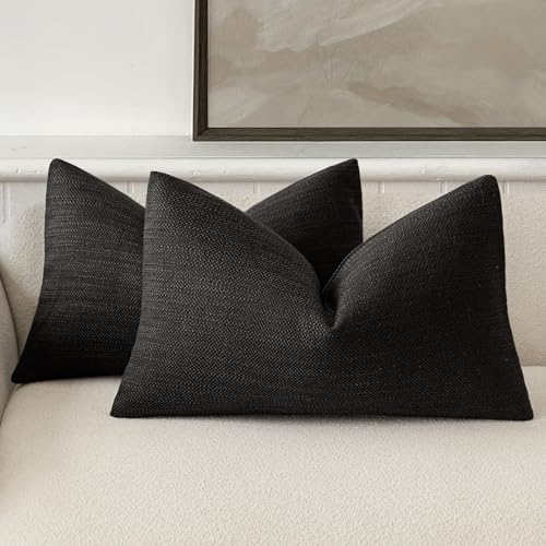 Foindtower Set of 2 Decorative Textured Burlap Linen Throw Pillow Covers Farmhouse Boho Lumbar Cushion Cover Solid Accent Pillowcase for Couch Sofa Bed Living Room Home Decor,12??20 Inch,Black