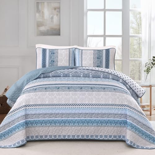 "WONGS BEDDING Boho Quilt Set King Size, Light Blue Bohemian 3 Pieces Quilt Sets, Lightweight Summer Bedspread Coverlet Bedding Set for All Season (104""x90"")"