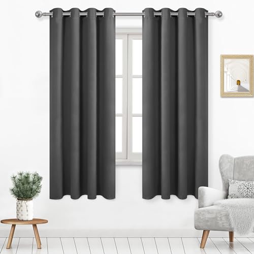 DWCN Dark Grey Room Darkening Blackout Curtains, Thermal Light Blocking Drapes for Bedroom Living Room - W52 x L63 Inch Length, Set of 2