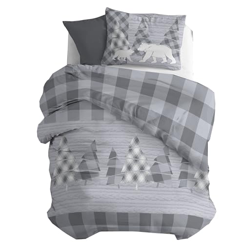 PENSIERI DELICATI Single Flannelette Duvet Cover Set, 100% Cotton, 155 x 200 cm Bag and Pillowcase 52 x 82 cm, Made in Italy, Machine Washable at 40 Degrees, Canada Grey Pattern