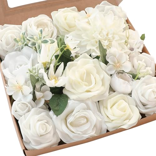 Floroom Ivory White Artificial Flowers Fake Roses Peonies Dahlia and Greenery Combo Box Set for DIY Wedding Bouquets Bridal Shower Centerpieces Floral Arrangements Party Tables Home Decorations