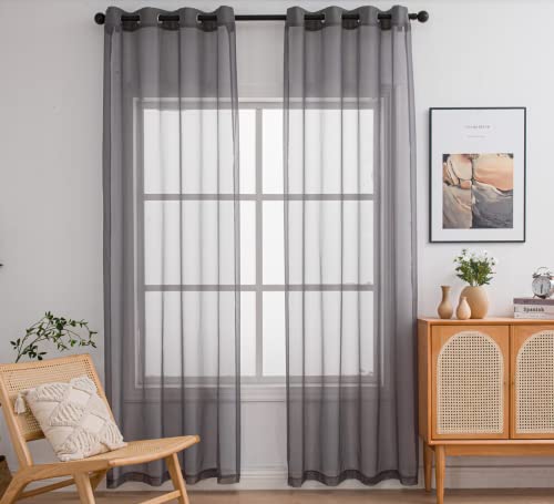 PI Sheer Curtains Panels Ring Top Airy Voile Window Draperies for Dining Room 2 Panels (W52 X L90, Dark Grey)