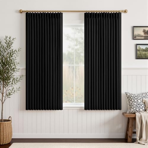 "Linen Pinch Pleated Curtains Black 63 Inches Black Window Curtain for Kitchen, Short Small Light Filtering Bedroom Pleat Drapes Back Tab with Hooks Rings Privacy Darkening 2 Panels Set 40"" W x 63"" L"