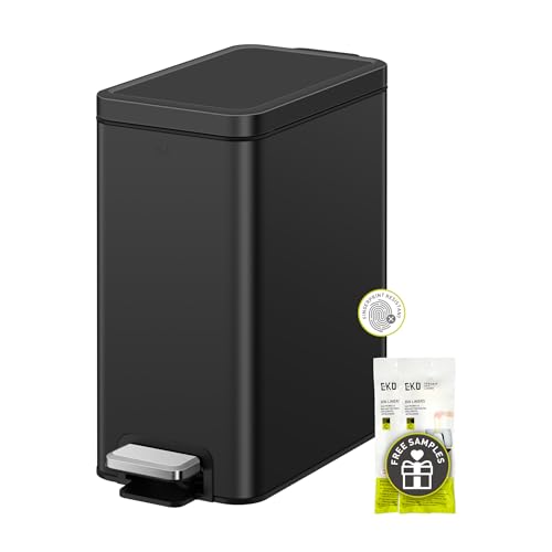 EKO Small Bathroom Trash Can with Lid Soft Close, Step Pedal, 10 Liter / 2.6 Gallon Stainless Steel Garbage Can with Removable Inner Bucket, Anti-Fingerprint Finish (Matte Black)