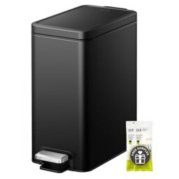 EKO Small Bathroom Trash Can with Lid Soft Close, Step Pedal, 10 Liter / 2.6 Gallon Stainless Steel Garbage Can with Removable Inner Bucket, Anti-Fingerprint Finish (Matte Black)
