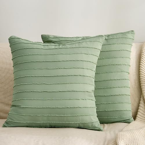 "JELLYMONI 2 Pack Light Green Pillowcases 18"" x18"", Soft Microfiber Striped Tufted Pillow Covers(Pillows are not Included)"