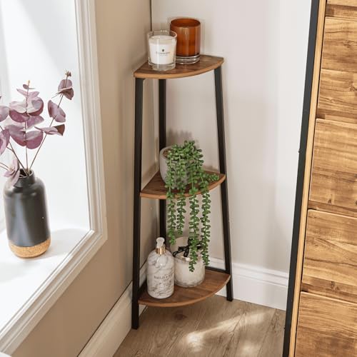 Home Source Corner Bathroom Shelf Unit – Oak-Style 3 Tier Corner Storage with Black Metal Frame – Space-Saving Bathroom Organiser
