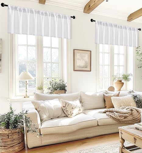 XTMYI White Valances for Living Room,60 Wide x 14 Inch Length 2 Pack Rod Pocket Room Darkening Small Window Treatments Curtain Valance for Bedroom Bathroom
