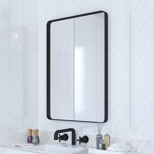 VocalStar Black Bathroom Mirror for Wall, 24 x 36 Inch Rounded Rectangle Metal Framed Bathroom Wall Vanity Mirror Farmhouse, 1/4-inch Shatterproof Glass - Ultra-Flush Hanging