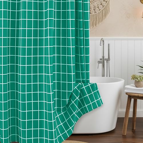 Biscaynebay Extra Long Shower Curtains-72x84 Inch Bathroom Modern Farmhouse Faux Linen Textured Grid Plaid Fabric Shower Curtain, Minimalist Simple Geometric Neutral Decor Machine Washable Turquoise
