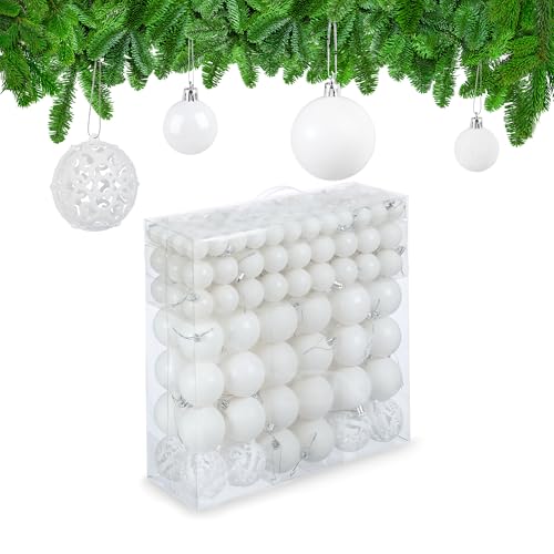 Relaxdays Christmas Baubles Set of 150, Glittering, Matt & Shiny Surfaces, Tree Ornaments, Plastic, ∅ 3, 4 & 6 cm, White