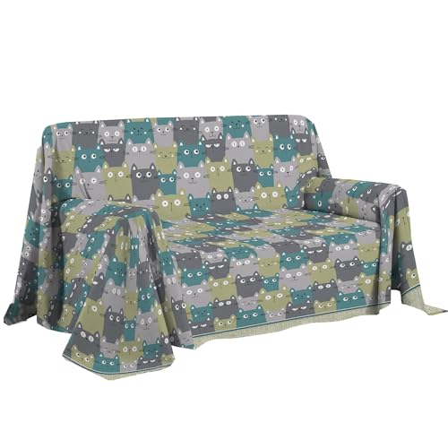 PENSIERI DELICATI Sofa Cover, 250 x 290 cm, Made in Italy, 100% Pure Cotton Fabric, Happycat Green Pattern, Ideal as a Furniture, Sofa or Summer Bedspread (Double Bed)