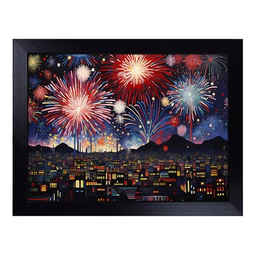 Lap Tray with Bean Bag Cushion, Fireworks Futurism - Handmade in the UK, Raised Wooden Edge, Padded Cushion, Heat-Resistant Wipe-Clean Surface, for Meals, Laptops and Crafts