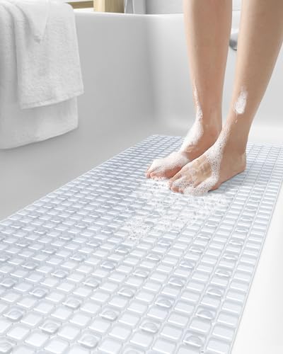 DEXI Bath Mat Non Slip Extra Long, 99 x 41 cm, with Suction Cups and Drain Holes, Machine Washable, for Bathtub and Shower Floor, Transparent