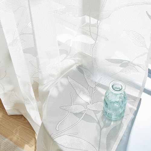 "Jubilantex Leaf Lace Sheer Curtains for Bedroom 63"" Long White Botanical Leaf Knitted Lace Curtain Panels Rod Pocket Light Filtering Drapes,52"" W"