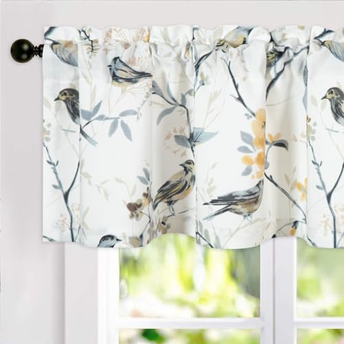 VOGOL Birds Printed Valance Curtains, Country Style Linen Textured Thick Drapes for Dining Room, Easy Care Rod Pocket Window Panels for Bathroom, 52 x 12, 1 Pack