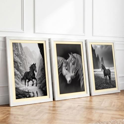 Solitary Horses in Stone Minimalist Set of 3 Framed Wall Art Prints A4