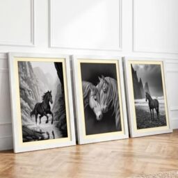 Solitary Horses in Stone Minimalist Set of 3 Framed Wall Art Prints A4