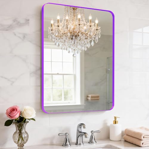 "YYXW 24"" L x18 WMatte Purple Wall-Mounted Bathroom Mirror, Metal-Framed Mirror, Rounded Rectangular Bathroom Mirrors, Tempered Glass, Rust-Resistant, Mounts Horizontally or Vertically"