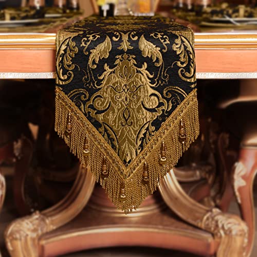 Loom and Mill Luxury Chenille Table Runner 90 Inches Long, Black Damask Jacquard Table Runners with Multi-Tassels for Halloween Dining Room Dresser Party Holiday Banquet Decorations(Black,13*90 inch)