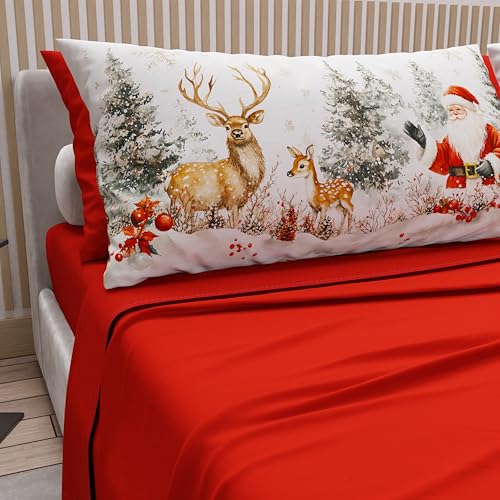 PETTI Italian Artisans - Cotton Sheets with Christmas Digital Print Pillowcases, Christmas Queen Size Sheets, Christmas Bed Set, Xmas 17 Red, 100% Made in Italy