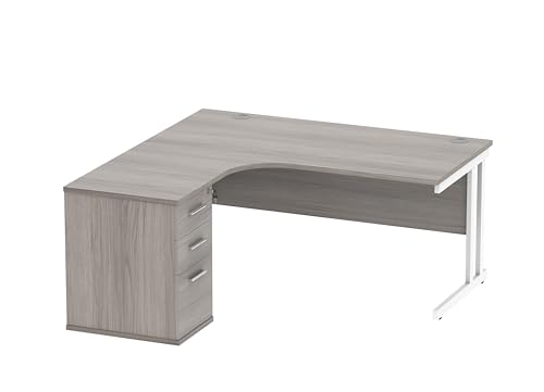 Office Hippo Heavy Duty Radial L-Shaped Desk with Integrated Cable Port & Lockable Filing Cabinet, Modern Grey Office Desk for Home or Commercial Use, 160 x 120 x 73 cm