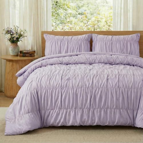 Bedbay Purple Ruched Duvet Cover King Size,Pure Cotton Wrinkle Bedding Comforter Cover,Boho King Duvet Cover 100% Cotton,Lilac Bohemian Dorm Bedding Set for All Seasons