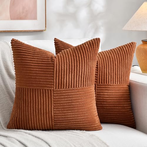 Fancy Homi 2 Packs, Rust Brown, Small Decorative Cushion Cover for Living Room, Couch, Bed, Farm Boho Home Decoration, Soft Corduroy, Corss Patchwork, Textured, Square, Terracotta Cushion Cover