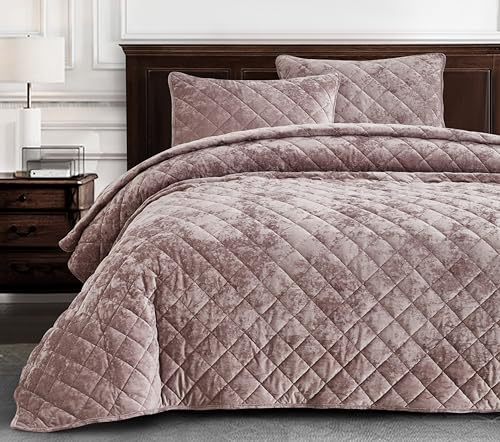 Chezmoi Collection Lux Dusty Pink Velvet Quilt King Set, 3-Piece Plush Distressed Velvet Bedding All Season Lightweight Comforter Brushed Microfiber Reverse with Diamond Stitch Quilting
