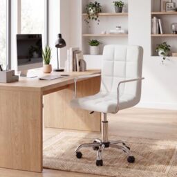 Vida Designs Calbo Office Chair Adjustable Height, Leather desk chair, With Arms and Wheels (White, UKFR Certified)