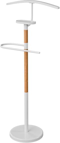 TAISSU - Valet Stand Mod. EIDE - White and Wood - With Top Hanger and Pants Bar - 47 x 29 x 111 cm - Steel and Wood - Bedroom Coat Rack