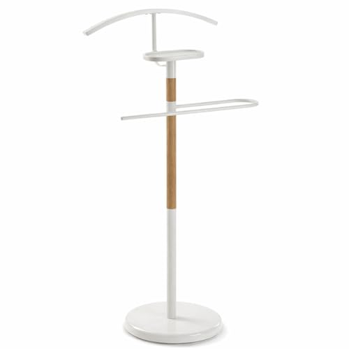 TAISSU - Valet Stand Mod. EIDE - White and Wood - With Top Hanger and Pants Bar - 47 x 29 x 111 cm - Steel and Wood - Bedroom Coat Rack