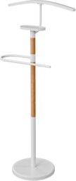 TAISSU - Valet Stand Mod. EIDE - White and Wood - With Top Hanger and Pants Bar - 47 x 29 x 111 cm - Steel and Wood - Bedroom Coat Rack