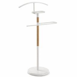 TAISSU - Valet Stand Mod. EIDE - White and Wood - With Top Hanger and Pants Bar - 47 x 29 x 111 cm - Steel and Wood - Bedroom Coat Rack
