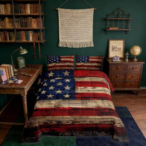 Castle Fairy American Flag Quilt Set King Size, Brown Wooden Board Country Retro Farmhouse Natural Style Comforter Set for Girls Teens Bedroom Present, Microfiber Bedding Set with 2 Pillowcases