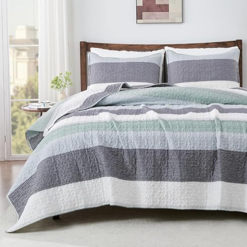 Andency Oversized Queen Quilt Set, 3 Pcs Sage Green Stripe Bedspread - 98x98 Inch Soft Lightweight Mint Patchwork Quilted All Season Coverlet Bed Set (1 Quilt, 2 Pillowcases)