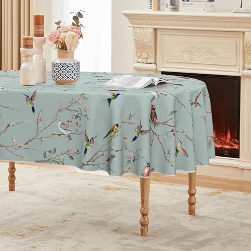Horaldaily Spring Tablecloth 60??84 Inch Oval, Birds Branch Green Floral Washable Seasonal Table Cover for Party Picnic Dinner Decor