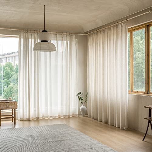 MAIHER Faux Linen Pinch Pleated Curtains 84 Inch Length, Semi Sheer Pleated Drapes for Sliding Glass Patio Door, W84 x L84 Inches, Natural Linen Light Filtering Pleated Curtains, 1 Panel