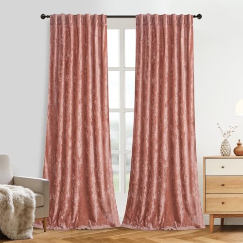 Roslynwood Crushed Luxury Velvet Blush Pink Curtains for Bedroom 96 inches Long, Thermal Insulated Window Drapes Back Tab for Living Room/Dining Room, W52 x L96, 2 Panels