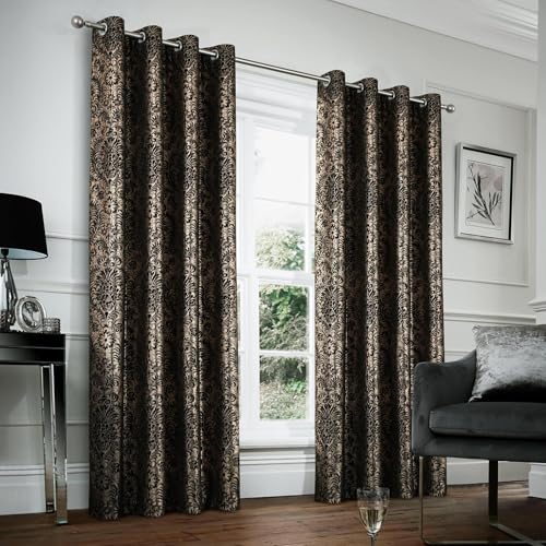always4u 100% Blackout Damask Foil Print Black and Gold Ridged Velvet Curtains 108 Inches Long Drapes 2 Panels Shiny Metallic Window 54 * 108 Inches