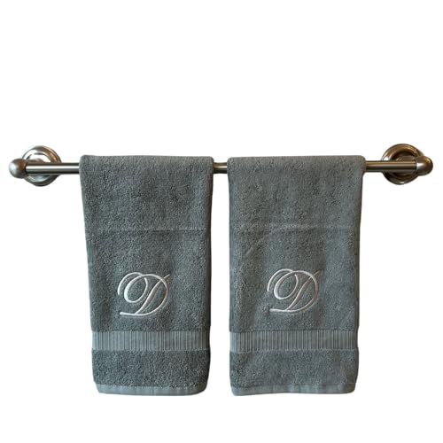 Gray Monogrammed Hand Towels for Bathroom - Luxury Hotel Quality Personalized Initial Embroidered Towel for Powder Room, Spa - GOTS Organic Certified - Set of 2 Silver Letter D