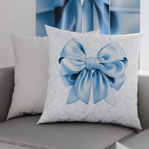 PETTI Artigiani Italiani - Pair of Pillow Cases 50 x 50 cm in Microfibre, Pillows for Bedroom Furniture, Sofa, Living Room, Set of 2 Cushion Covers, Light Blue Bow, 100% Made in Italy